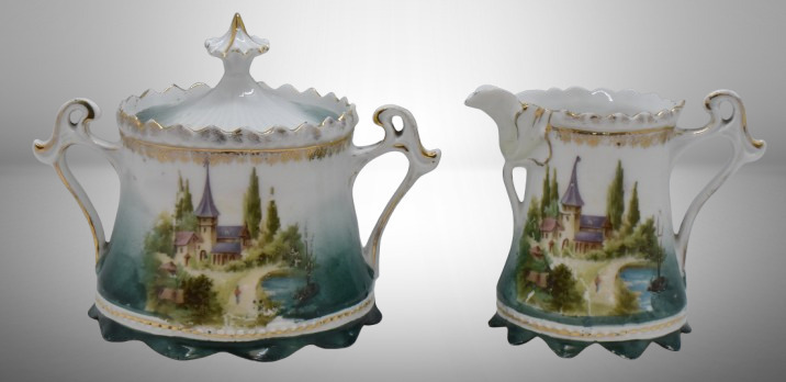 R.S. Prussia Mold 576 creamer and sugar set, Castle scene, red mark