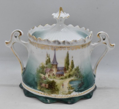 R.S. Prussia Mold 576 creamer and sugar set, Castle scene, red mark - 2