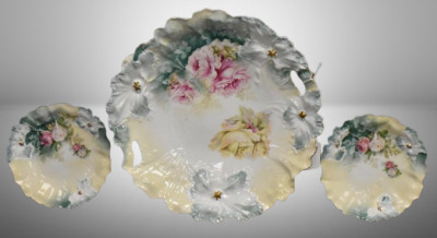 R.S. Prussia Carnation Mold 3 pc. cake set, pink and yellow roses, red mark