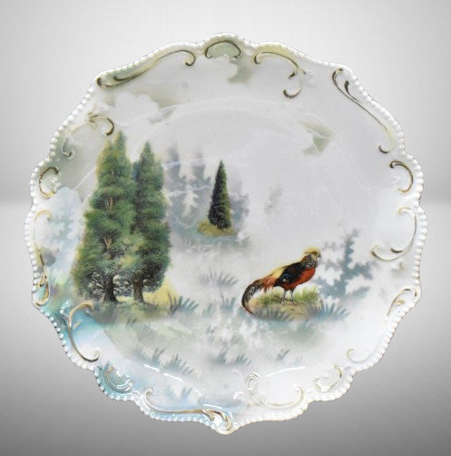 R.S. Prussia Mold 304 7.5"d plate, Pheasant/ Evergreens, red mark