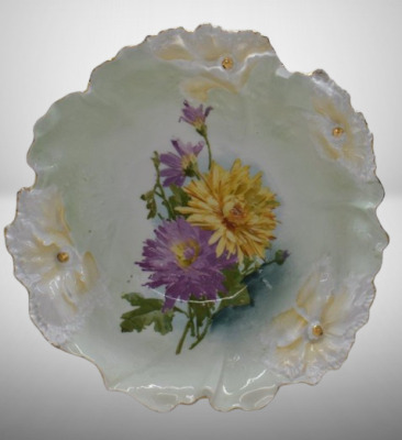 R.S. Prussia Carnation Mold 10.5"d bowl, Chrysanthemums