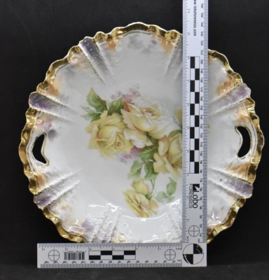 (2) R.S. Prussia Mold 259 10.5"d cake plates, both w/ roses, red mark - 5