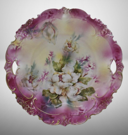 R.S. Prussia Mold 404 10.25"d cake plate, Magnolias, circle mold mark