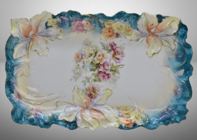 R.S. Prussia (Steeple Mold 6) 12" x 7.5" dresser tray, floral design