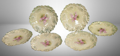 (6) R.S. Prussia Sunflower Mold 7.5"d plates, pink rose clusters, red mark