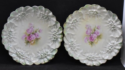 (6) R.S. Prussia Sunflower Mold 7.5"d plates, pink rose clusters, red mark - 2