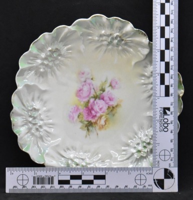 (6) R.S. Prussia Sunflower Mold 7.5"d plates, pink rose clusters, red mark - 8