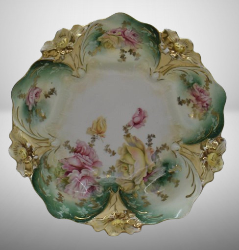 R.S. Prussia Lily Mold 10.5"d bowl, pink and yellow roses