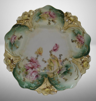 R.S. Prussia Lily Mold 10.5"d bowl, pink and yellow roses