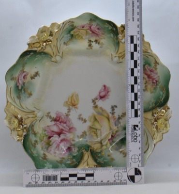 R.S. Prussia Lily Mold 10.5"d bowl, pink and yellow roses - 4