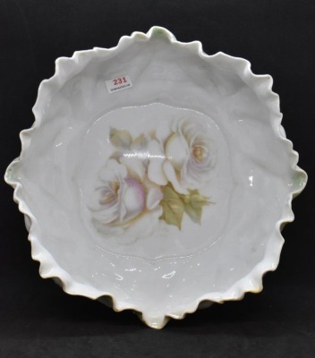 Mrkd. R.S. Tillowitz lettuce Mold 12a 9"d bowl, white roses - 2