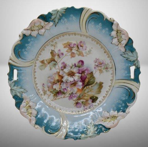 Mrkd. R.S. Germany Steeple Mold 3 10.5"d cake plate, floral design, Steeple Mark 3