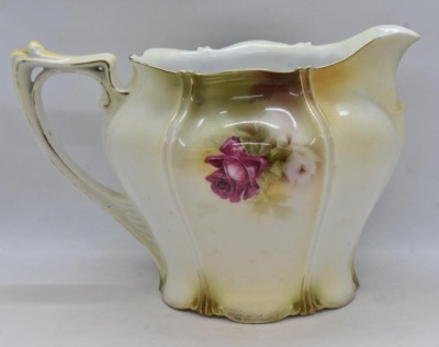 R.S. Prussia Mold 507 6"h lemonade/ cider pitcher, dark pink roses, red mark - 3