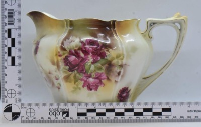 R.S. Prussia Mold 507 6"h lemonade/ cider pitcher, dark pink roses, red mark - 8