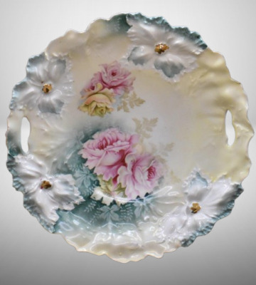 R.S. Prussia Carnation Mold 9.5"d cake plate, pink and yellow roses, red mark