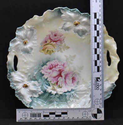 R.S. Prussia Carnation Mold 9.5"d cake plate, pink and yellow roses, red mark - 6