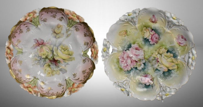 (2) R.S. Prussia Lily Mold 10.25"d cake plates, roses, circle mold mark