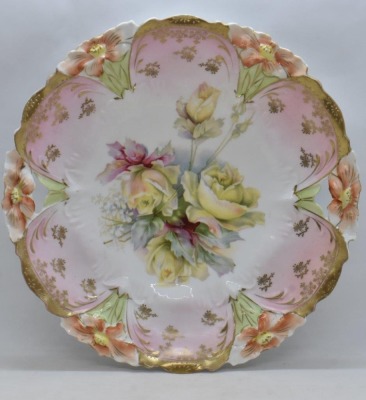 (2) R.S. Prussia Lily Mold 10.25"d cake plates, roses, circle mold mark - 2