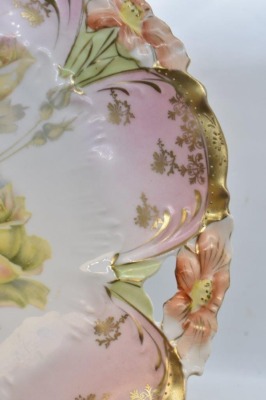 (2) R.S. Prussia Lily Mold 10.25"d cake plates, roses, circle mold mark - 3