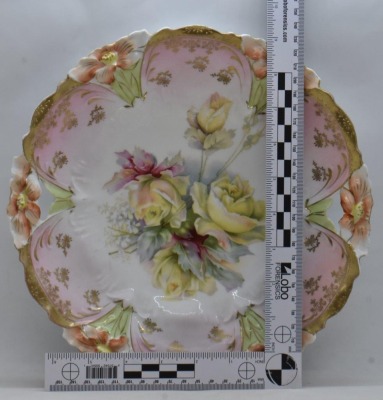 (2) R.S. Prussia Lily Mold 10.25"d cake plates, roses, circle mold mark - 7