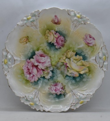 (2) R.S. Prussia Lily Mold 10.25"d cake plates, roses, circle mold mark - 8