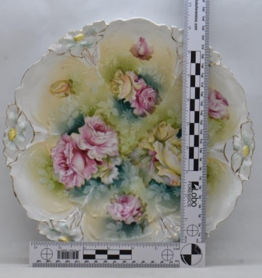 (2) R.S. Prussia Lily Mold 10.25"d cake plates, roses, circle mold mark - 13