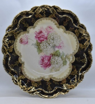 R.S. Prussia Mold 329 10.5"d bowl, pink roses and snowballs, wide black border, red mark