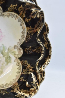 R.S. Prussia Mold 329 10.5"d bowl, pink roses and snowballs, wide black border, red mark - 3