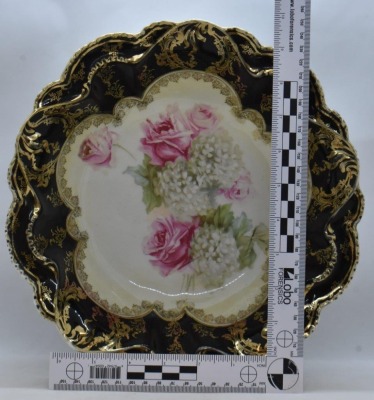 R.S. Prussia Mold 329 10.5"d bowl, pink roses and snowballs, wide black border, red mark - 6