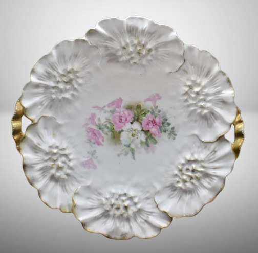 R.S. Prussia Sunflower Mold 11"d cake plate in satin finish, pink and white open blossoms, red mark