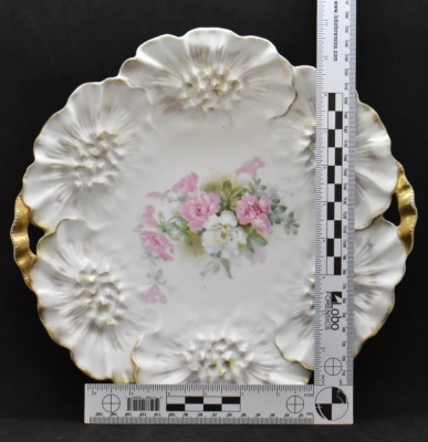 R.S. Prussia Sunflower Mold 11"d cake plate in satin finish, pink and white open blossoms, red mark - 6