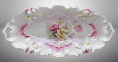 R.S. Prussia Iris Mold relish tray, 12" x 6", multi-colored flowers, red mark