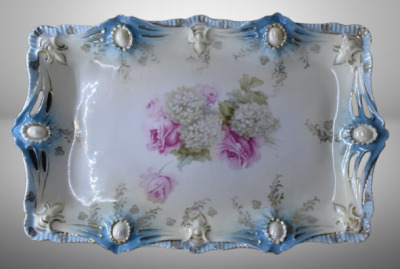 R.S. Prussia Ribbon and Jewel Mold 12" x 7.5" dresser tray, pink roses and snowballs, red mark