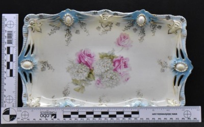 R.S. Prussia Ribbon and Jewel Mold 12" x 7.5" dresser tray, pink roses and snowballs, red mark - 7