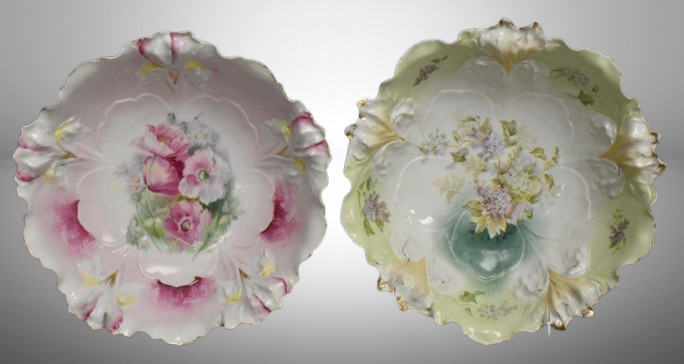 (2) R.S. Prussia Iris Mold 10.5"d bowls, floral, pink has red mark