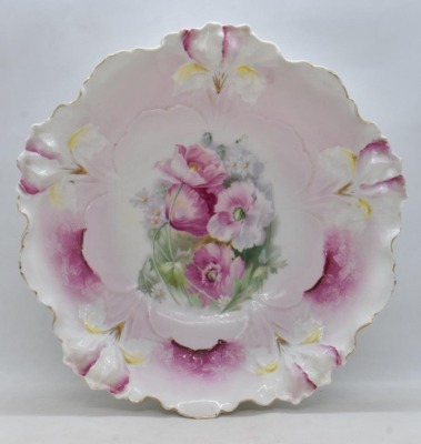 (2) R.S. Prussia Iris Mold 10.5"d bowls, floral, pink has red mark - 2