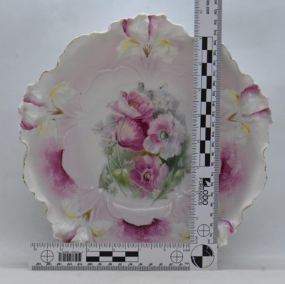 (2) R.S. Prussia Iris Mold 10.5"d bowls, floral, pink has red mark - 7