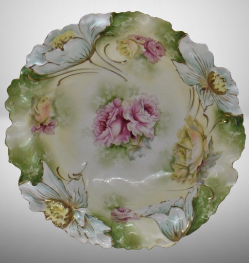 R.S. Prussia 10"d bowl, pink and yellow roses, floral mold border, circle mold mark