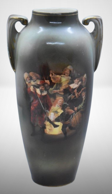 Mrkd. R.S. Poland 8" vase, Cavaliers figural decoration