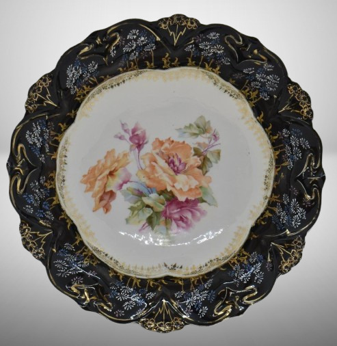 Mrks. R.S. Germany 10.5"d bowl, large roses in center w/ wide decorated black border, Steeple Mark 3