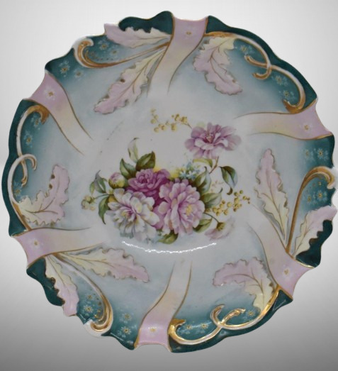 Handpainted porcelain 10"d bowl, pink and white open blossoms, scroll and leaf border mold