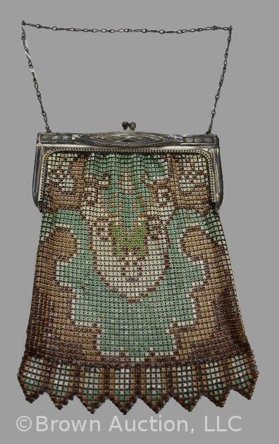 White and Davis colored mesh purse, 7"l - nice brown and green Art Deco design