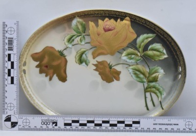 Mrkd. R.S. Germany dresser/ vanity set, large goldish roses/ dark green leaves - 5