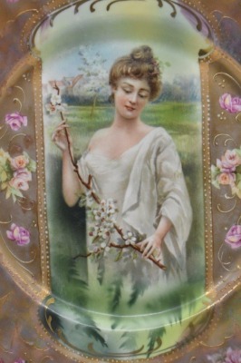 R.S. Prussia Mold 343 9.5"d cake plate, Spring season portrait in keyhole medallion, irid. Tiffany finish, red mark - 3