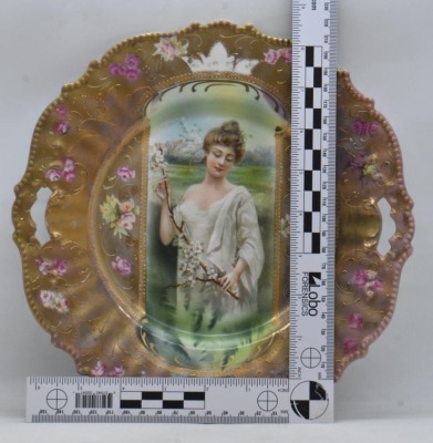 R.S. Prussia Mold 343 9.5"d cake plate, Spring season portrait in keyhole medallion, irid. Tiffany finish, red mark - 7