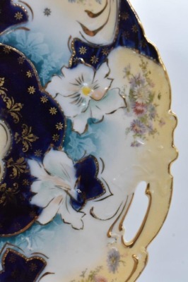 Mrkd. Germany Saxe Altenburg10.5"d cobalt cake plate, scattered floral molds - 3