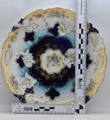 Mrkd. Germany Saxe Altenburg10.5"d cobalt cake plate, scattered floral molds - 7