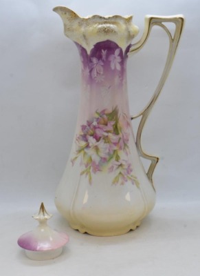 R.S. Prussia Stippled Floral Mold 12"h chocolate pot, spray of pink lilies - 5