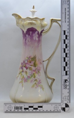 R.S. Prussia Stippled Floral Mold 12"h chocolate pot, spray of pink lilies - 8