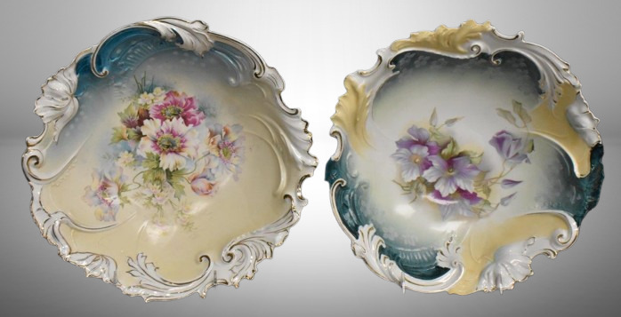 (2) R.S. Germany (Steeple marks) 10.5"d bowls in Steeple Mold 9, floral designs